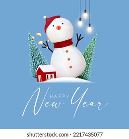 Merry Christmas and Happy New Year celebration with 3D Snowman character, cute house, stars and fir trees.