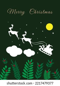 Merry Christmas and Happy New Year, Santa Claus drives sleigh with reindeer on the starry sky, flat cartoon style, vector illustration.