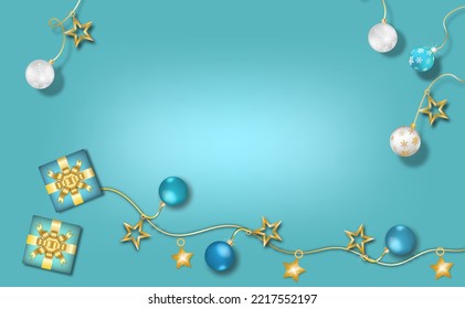 Merry Christmas and Happy New Year. Xmas decorative design elements on red background. Horizontal Christmas posters, greeting cards. Objects viewed from above.