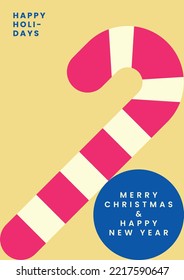 Merry Christmas and Happy New Year card. Cover, invitation, greeting card or poster design. Modern Flat vector illustration for winter holidays with candy cane.