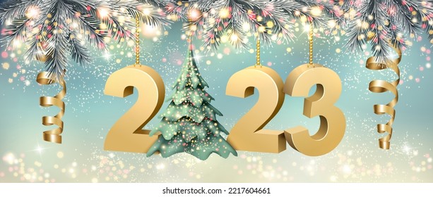 Merry Christmas and Happy New Year background with a 2023, christmas tree and serrpantine. Vector.