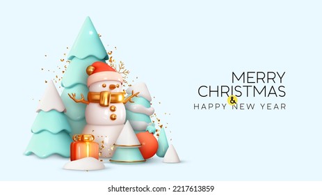 Merry Christmas and Happy New Year holiday background. Realistic 3d design in cartoon style. Winter Light blue Christmas trees in snow, snowman in hat, gift box. Xmas gift card. vector illustration