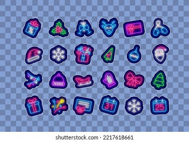 Merry Christmas and Happy New Year neon stickers collection. Bow, snowflake and Santa sleigh. Calendar and present. Xmas tree, hat and garland. Season winter decoration. Vector stock illustration