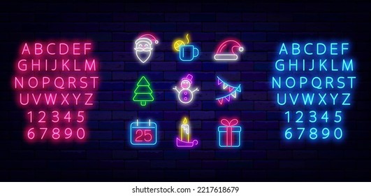 Merry Christmas and Happy New Year neon icons collection. Santa Claus and snowman. Gift box, calendar and fir tree. Season winter decoration. Light labels set on brick wall. Vector stock illustration