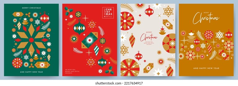 Feliz Navidad y Feliz Año Nuevo Juego de tarjetas de felicitación, afiches, portadas de fiestas. Diseño moderno de Navidad con un patrón geométrico en colores verde, rojo, dorado y blanco. Árbol de Navidad, bolas, estrellas, copos de nieve