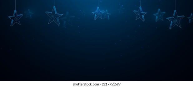 Merry Christmas and Happy New Year. Blue Christmas star baubles hanging on blue background. Low polygon model design. Vector illustration