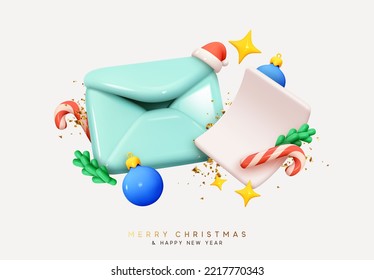 Merry Christmas and Happy New Year Holiday composition congratulatory letter and gretting invitation, postal letters to santa claus, blank white paper sheet for text. Vector illustration