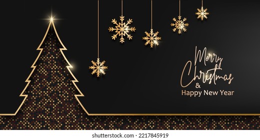 Merry Christmas and Happy New Year banner. Black background template with luxury golden line christmas tree, snowflake decoration and glitter effect