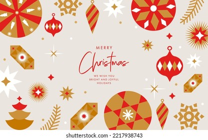 Merry Christmas and Happy New Year greeting card, poster, holiday cover. Modern Xmas design with geometric pattern in red, gold and white colors. Christmas tree, balls, stars, snowflakes and candies