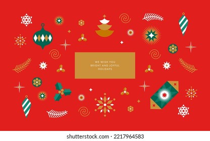 Merry Christmas and Happy New Year greeting card, poster, holiday cover. Modern Xmas design with geometric pattern in red, gold, green, white colors. Christmas tree, balls, stars, snowflakes and candy