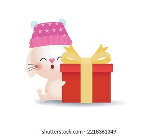 Merry Christmas and Happy new year, and happy bunny rabbit wearing christmas hats santa claus or cap winter with Christmas gift box isolated on white background Vector illustration