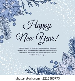 Merry Christmas and happy New year blue greeting card. Festive background with hand drawn winter plants. Vintage design in sketch style. Space for text