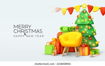 Merry Christmas and Happy New Year festive 3d composition. Holiday background with realistic objects in cartoon style, green bright Christmas tree, gift boxes, yellow armchair. Vector illustration