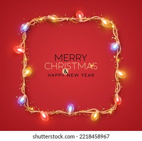 Merry Christmas and Happy New Year greeting card. Christmas red background with realistic decoration square frame glass light garland. Festive bright design. Xmas holiday poster. vector illustration