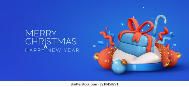 Merry Christmas and Happy New Year. Festive background with realistic 3d cartoon elements. Blue Christmas web banner, website poster, brochure, holiday flyer, greeting card. Vector illustration