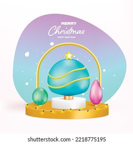 Merry Christmas and Happy New Year decoration on red background. Realistic 3d rendering illustration vector.