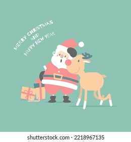 merry christmas and happy new year with cute santa claus and reindeer in the winter season, flat vector illustration cartoon character costume design