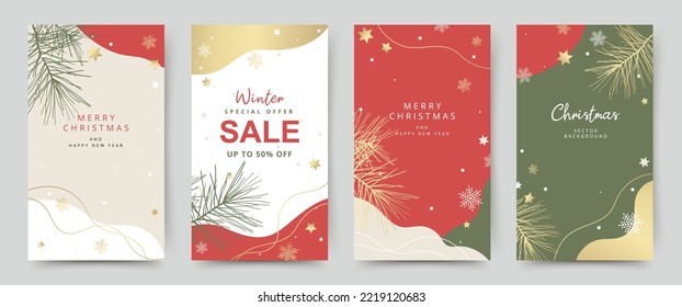 Merry Christmas and Happy New Year Set of backgrounds. Winter holidays design templates. Vector illustration for seasonal sale banner, greeting card, poster, cover, web, social media post, print