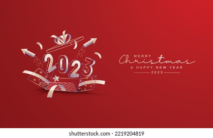 Merry Christmas and Happy New Year 2023. Fireworks rocket launch from open gift box and 3D number with line design style