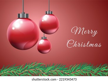 Merry Christmas and Happy New Year Holidays greeting card, frame, banner. New Year. Christmas red and fir tree ornaments on red background top view. Winter holiday xmas theme Vector illustration.