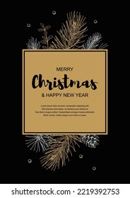 Merry Christmas and Happy New Year vertical design with hand drawn golden evergreen branches on black background. Vector illustration in sketch style