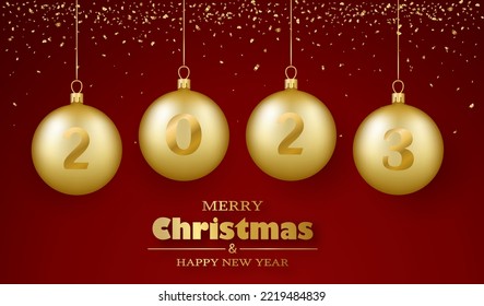 Merry Christmas and Happy New Year greeting card 2023. Golden glass balls and confetti. 3d realistic vector illustration.