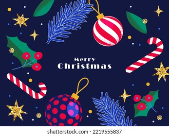 Feliz Navidad y Feliz Año Nuevo tarjeta de saludo, afiche, portada de vacaciones. Diseño moderno de Navidad en colores azul, verde, rojo, amarillo y blanco. Árbol de Navidad, bolas, ramas de abeto, elementos de regalo