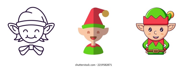 Merry Christmas and Happy New Year concept. Collection of icon of elf helper in line, flat and cartoon styles for web sites, adverts, articles, shops, stores 