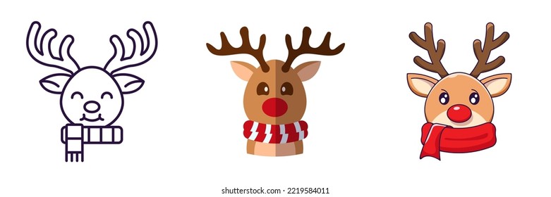 Merry Christmas and Happy New Year concept. Collection of icon of deer in line, flat and cartoon styles for web sites, adverts, articles, shops, stores 