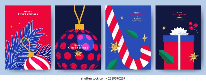 Merry Christmas and Happy New Year Set of greeting cards, posters, holiday covers. Modern Xmas design in blue, green, red, yellow and white colors. Christmas tree, balls, fir branches, gifts elements