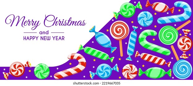 Merry Christmas and Happy New Year promotion banner. Multicolored striped hard candy, candy cane, lollipop, candies in wrapper. Holiday poster, web, flyer, stylish brochure, greeting card, background