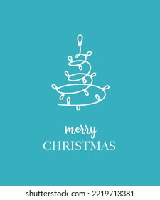 Merry Christmas and Happy New Year greeting card, poster, holiday cover. Minimalistic Christmas design in blue and white colors with hand drawn Christmas tree