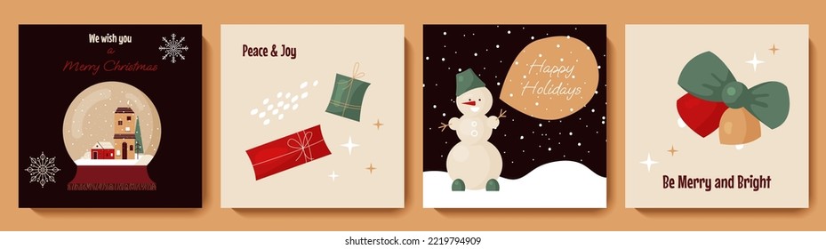 Merry Christmas and Happy New Year greeting cards set with holidays elements in cartoon style. Xmas design for postcard, invitation, social media post template. Vector illustration