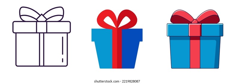 Merry Christmas and Happy New Year concept. Collection of icon of giftbox in line, flat and cartoon styles for web sites, adverts, articles, shops, stores