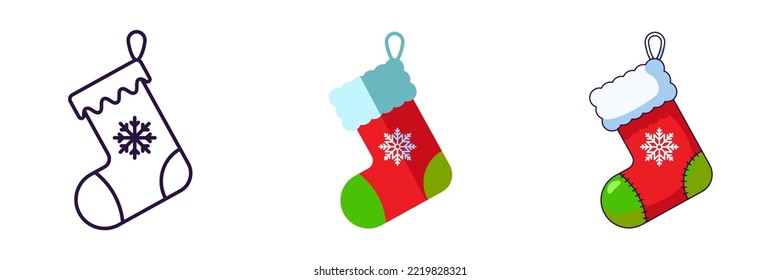 Merry Christmas and Happy New Year concept. Collection of icon of Christmas sock in line, flat and cartoon styles for web sites, adverts, articles, shops, stores 