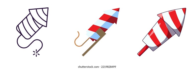 Merry Christmas and Happy New Year concept. Collection of icon of firecracker in line, flat and cartoon styles for web sites, adverts, articles, shops, stores 