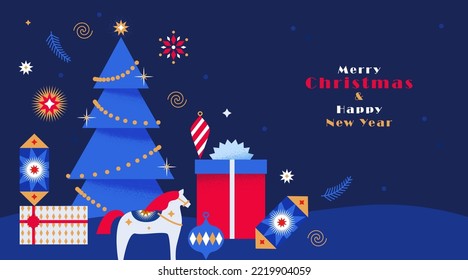 Merry Christmas and Happy New Year greeting card, banner, poster, holiday cover. Modern Xmas design in blue, red, gold, white colors. Christmas tree, balls, fir branch, stars and toys, gifts elements.