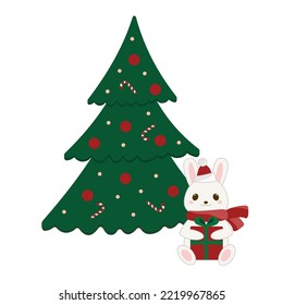 Merry Christmas and Happy New Year with little rabbit in santa claus red hat. Сute rabbit near the christmas tree holding a gift box. Vector сartoon  illustration.