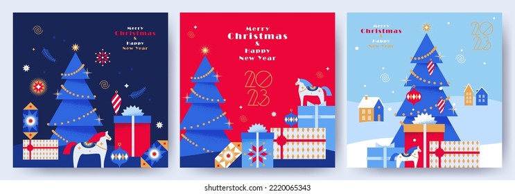 Merry Christmas and Happy New Year greeting card, banner, poster, holiday cover Set. Modern trendyXmas design in blue, red, gold, white colors. Christmas tree, balls, fir branch, toys, gifts elements.