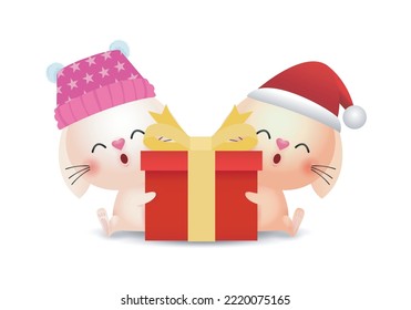 Merry Christmas and Happy new year, and happy bunny rabbit wearing christmas hats santa claus or cap winter with Christmas gift box isolated on white background Vector illustration