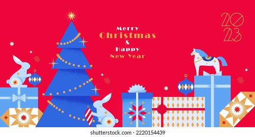 Merry Christmas and Happy New Year greeting card, banner, poster, holiday cover. Modern geometric flat Xmas design with Christmas tree, balls, Christmas toys, gifts and rabbits in red, blue, yellow