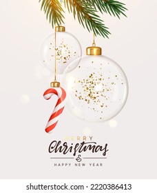 Merry Christmas and Happy New Year holiday background. Christmas ornaments glass transparent balls with gold glitter confetti, candy cane hanging on ribbon. vector illustration