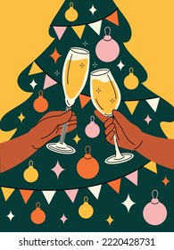 Feliz Navidad y feliz afiche o postal de Año Nuevo. Las manos con alcohol beben el fondo de un adorno árbol de Navidad. Saludos con champán y vino. Ilustración de vector plana colorida