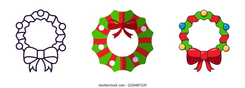 Merry Christmas and Happy New Year concept. Collection of icon of Christmas wreath in line, flat and cartoon styles for web sites, adverts, articles, shops, stores 