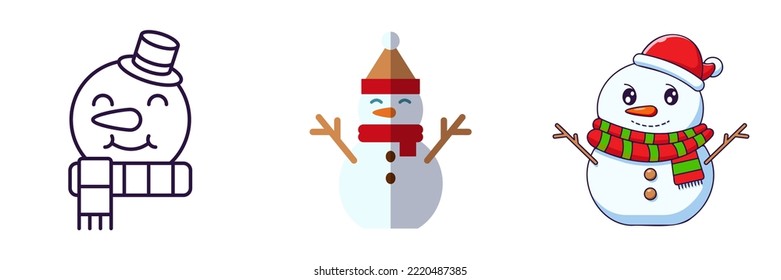 Merry Christmas and Happy New Year concept. Collection of icon of snowman in line, flat and cartoon styles for web sites, adverts, articles, shops, stores 