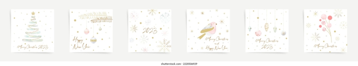 Merry Christmas and Happy New Year social media square posts background set. Winter cute design templates with christmas tree, Christmas decorations, winter berries, snowflakes and abstract elements. 