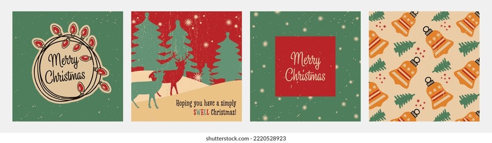 Merry Christmas and Happy New Year. Elegant Xmas design in green, red, and gold with fir tree elements, Christmas bells, reindeer, snow, and glowing lights on Grunge Texture Background.