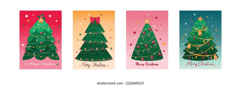Merry Christmas And Happy New Year Greeting Card, Cute Christmas Tree Decoration With Ornaments, Vector