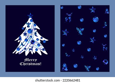 Merry Christmas and Happy New Year card, print or poster.Front and back. Christmas tree decorated with toys and garlands.  Blue toy background. Vector illustration. 