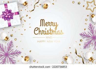 Merry Christmas and Happy New Year. Xmas background design with realistic gift box, gold snowflake and golden confetti glitter.Christmas poster, greeting cards, headers, website.